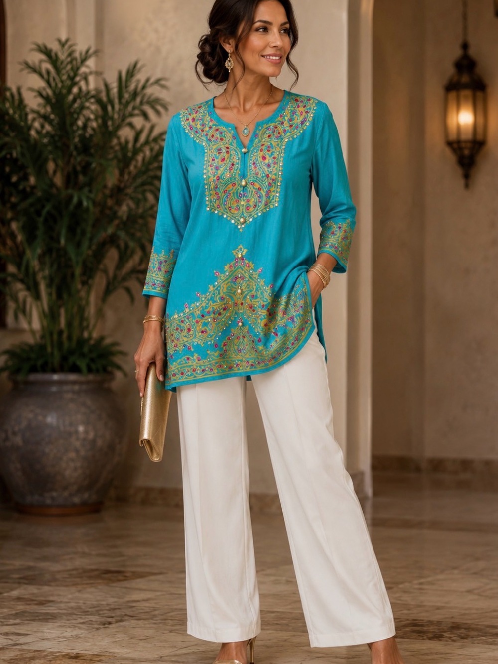 Diane Gilman 100% Silk Embellished Turquoise Tunic Blouse Size L Boho Luxe